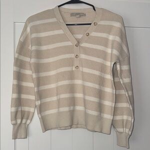 LOFT Tan and White Buttoned V-Neck Sweater